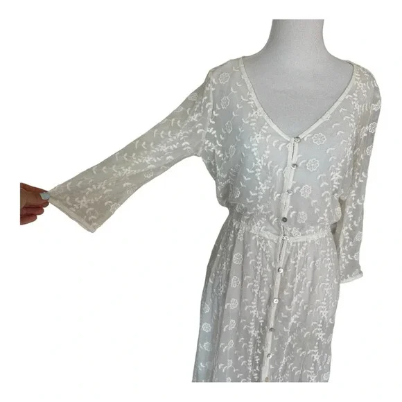 White Lacy Embroidered Maxi Dress Festival Summer Boho Kimono Medium - Picture 6 of 11